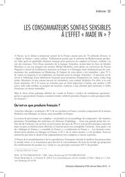 Les consommateurs sont-ils sensibles à l'effet "Made In" ? Editorial / Elisabeth TISSIER-DESBORDES, Eric VERNETTE | TISSIER-DESBORDES, Elisabeth - Professeur à ESCP Europe. Author