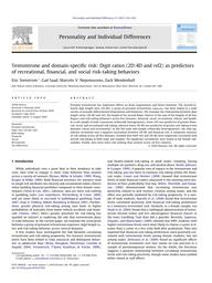 Testosterone and domain-specific risk: Digit ratios (2D:4D and rel2) as predictors of recreational, financial, and social risk-taking behaviors / Eric Stenstrom ; Gad Saad ; Marcelo Vinhal Nepomuceno ; Zack Mendenhall | STENSTROM, Eric. Author