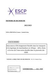 Innovation et développement durable dans les transports et la logistique de marchandises en Afrique : défis, freins et leviers de l'innovation durable dans la poursuite des ODD / Farha Labachi | 